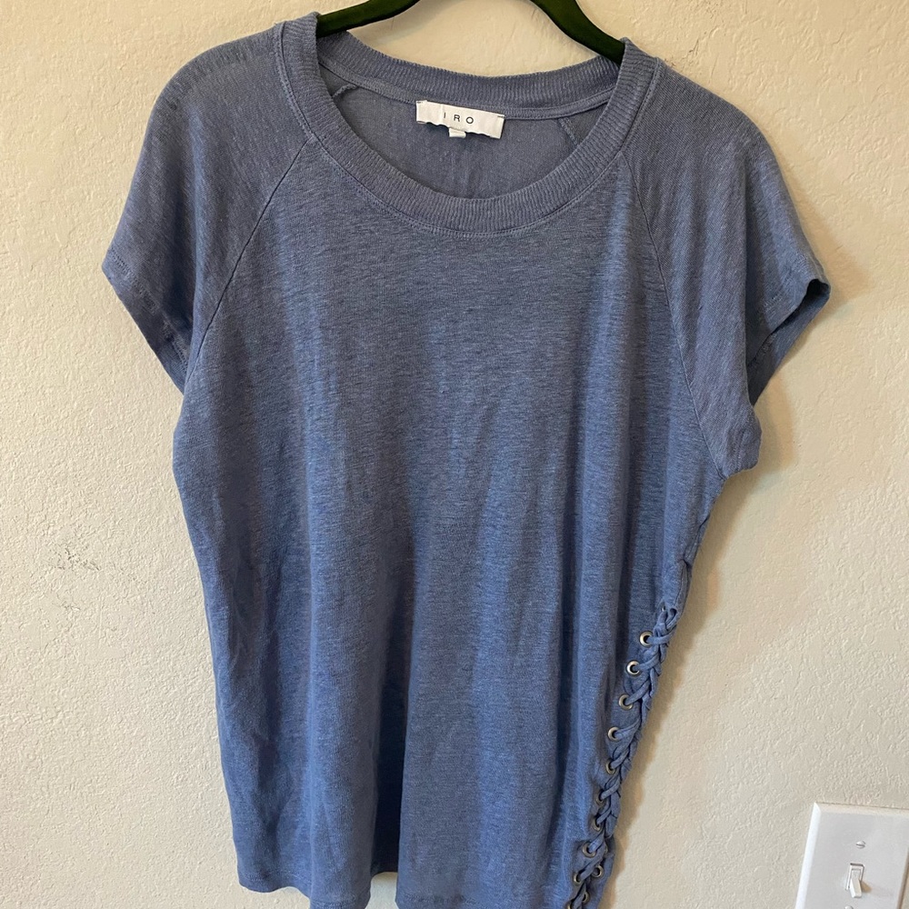 IRO Womens Blue Top Short Sleeve Side Braid Tie